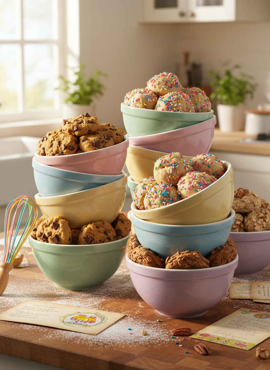 A whimsical arrangement of pastel-colored mixing bowls stacked in gentle curves, each bowl filled with cookie dough, vibrant sprinkles, and freshly chopped nuts. The scene is set on a sunlit butcher block counter adorned with a scattering of flour, open recipe cards, and a rainbow whisk. Soft diffused morning light filters in from the side, highlighting the glossy rounded shapes and casting gentle shadows without harsh contrasts. Framed in a bright, energetic layout with a shallow depth of field, the composition is playful and dynamic, perfectly capturing the upbeat spirit of a homemaker’s joyful baking session.