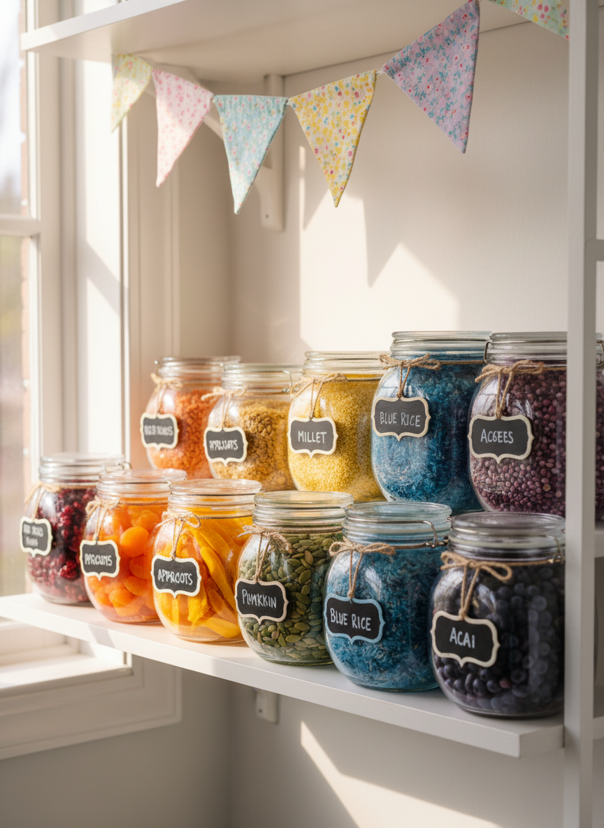 A beautifully organized open pantry shelf featuring rounded glass jars filled with assorted grains, colorful dried fruits, and seeds arranged in a cheerful, rainbow gradient. The jars have chalkboard labels with handwritten names, and the shelf is trimmed with pastel bunting. Sunlight streams through a nearby window, creating sparkling highlights on the glass and vivid reflections among the jars. Shot straight on at eye level to emphasize symmetry and clarity, this photographic image exudes order, fun, and a sense of creative purpose, mirroring the playful and intentional energy of homemaking.