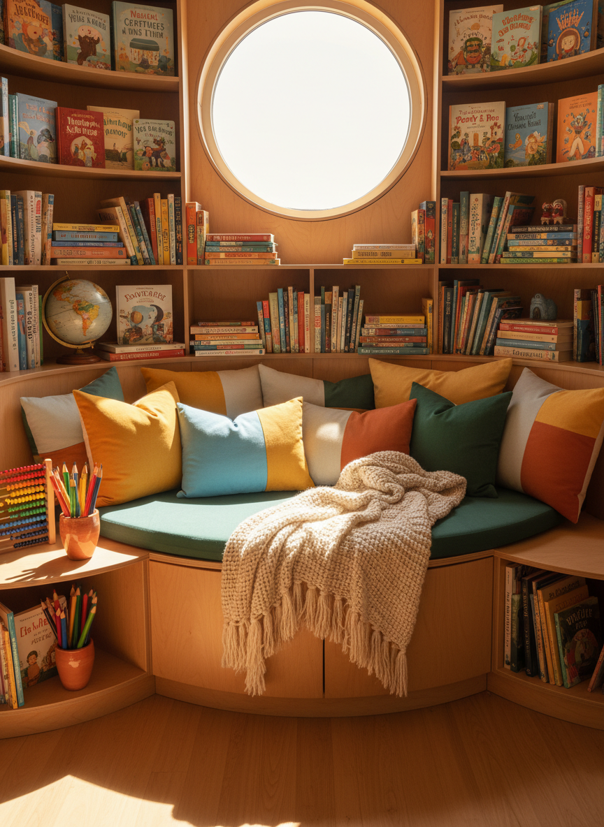 A cozy, rounded reading nook lined with plush, color-blocked pillows and a soft, woven throw blanket, nestled against a curved wall stacked with whimsical homeschool books and nature guides. A globe, oversized colored pencils, and a bright abacus add educational character nearby. Warm, golden hour light streams in through a circular window, casting radiant, soft-edged shadows on the nook’s textures. Photographed with a wide-angle, slightly elevated view, and a vibrant, energetic palette, this image communicates an inviting, playful, and purposeful atmosphere, ideal for a homeschooling homemaker’s blog.
