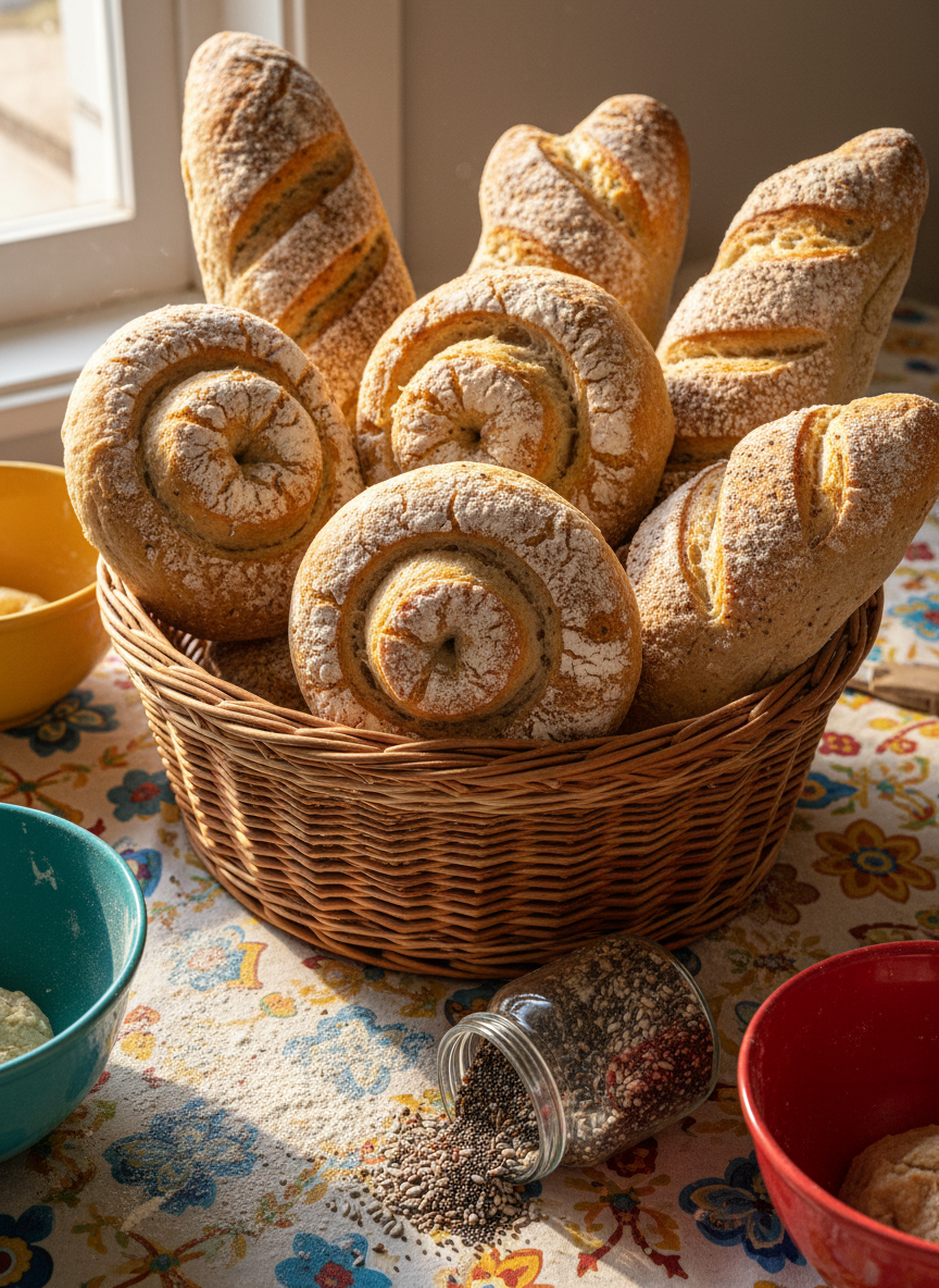 A vibrant woven bread basket overflowing with fresh-milled, golden-crusted artisanal loaves, each with distinctive swirls, flecks of grain, and rustic cracked surfaces. The basket sits atop a bright, patterned tablecloth on a cozy farmhouse kitchen table, surrounded by scattered flour, colorful mixing bowls, and an open jar of seeds. Morning sunlight pours in through a nearby window, casting playful highlights on the bread’s textured surface and creating bubbly, energetic shadows. Captured from an elevated angle with lively colors, the image feels whimsical, inviting, and spirited. Photographic realism combines with a playful, energetic composition to symbolize the warmth and creativity of purposeful homemaking.